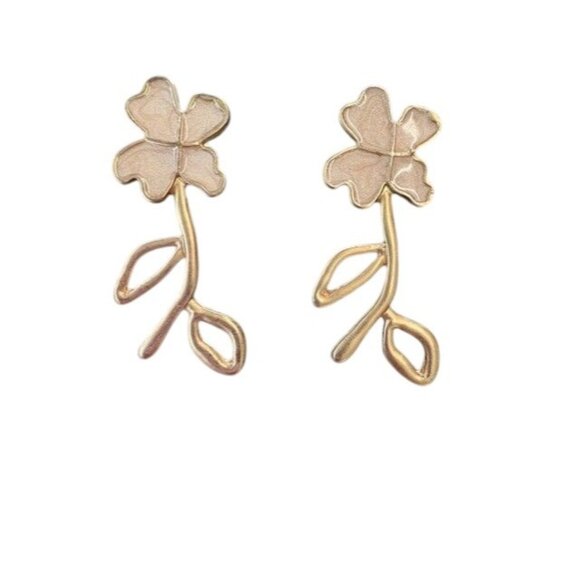 Gold Plated Flower Drop Earrings With Push-Back Closure - Picture 1 of 2
